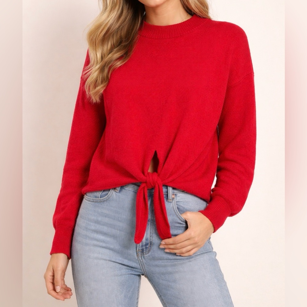 LOFT Pink Front Tie Crewneck Sweater Medium Long Sleeve Knit Top